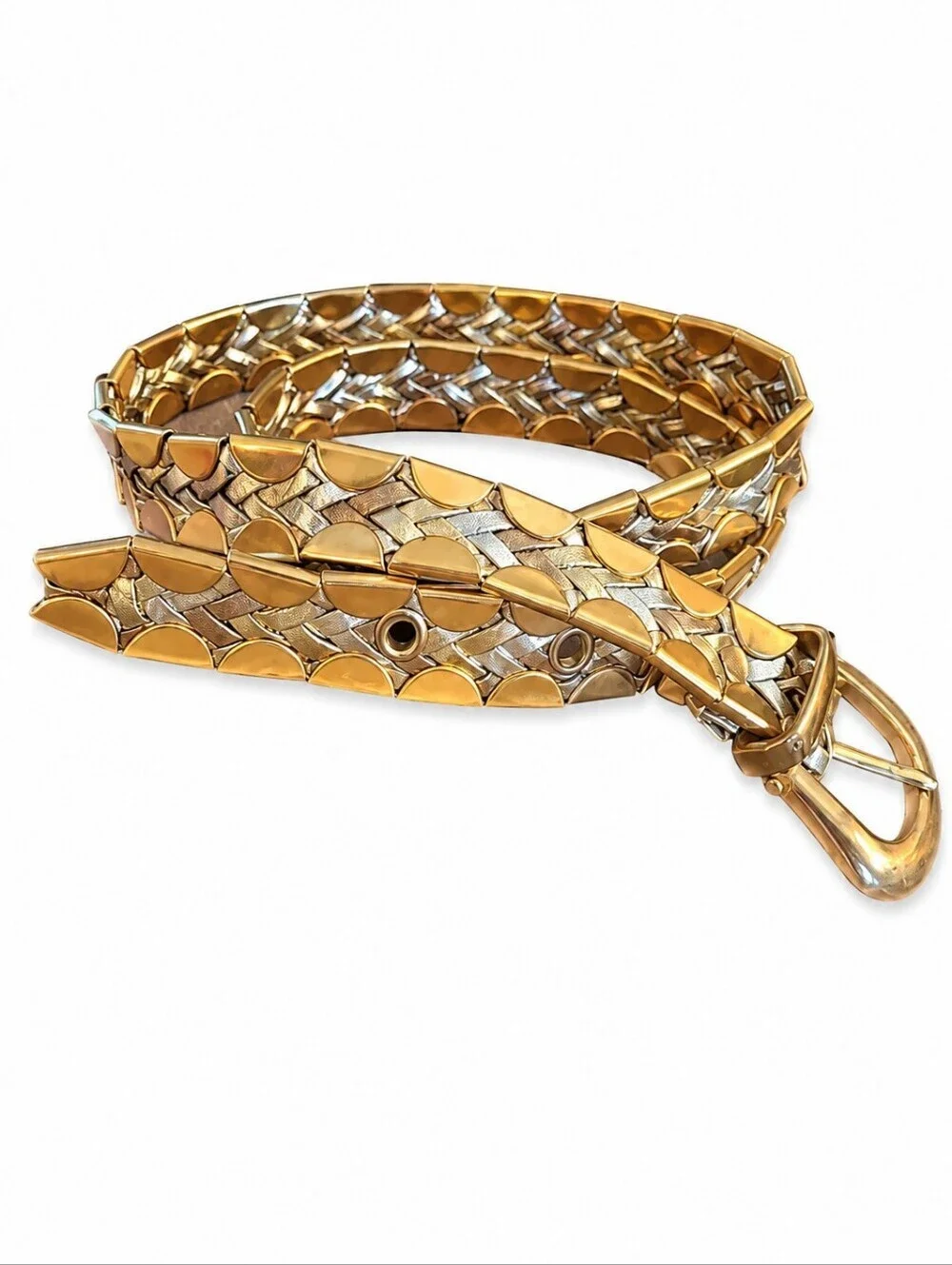 VTG Metallic Leather Weaved Gold & Silver Tone Belt Brass Buckle